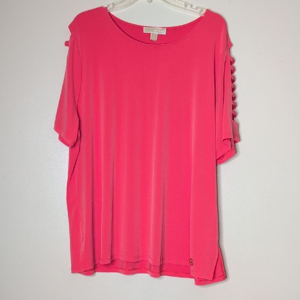 MK Deep Salmon Pullover Top Ladder Cutout Short Sleeves Plus 3X